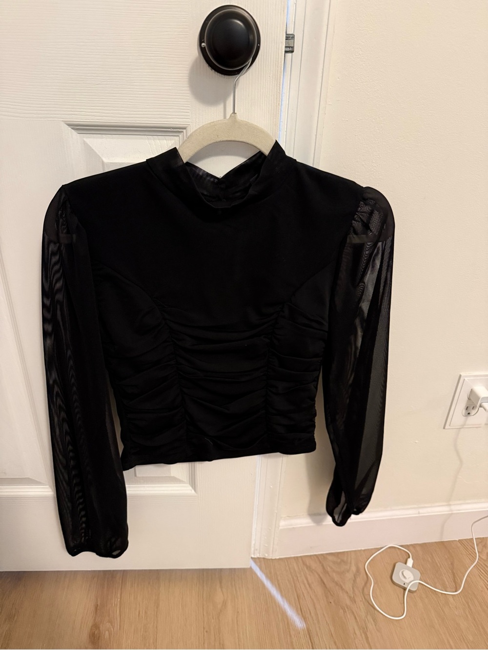 Stella Luce Black Ruched Bodice Sheer Sleeve Top